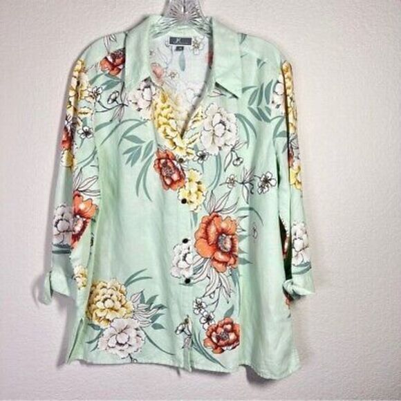 JM Collection Women's Floral Button Up Blouse Size 14 Mint‎ Green 3/4 Sleeve - Picture 1 of 8